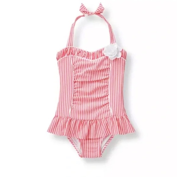 Janie and Jack Other - Janie & Jack Pink Stripe Seersucker Swimsuit Halter Bow Girls Size 4